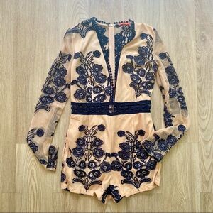 BANJUL Nude & Navy Blue Long Sleeve Romper Tattoo Lace Floral Mesh